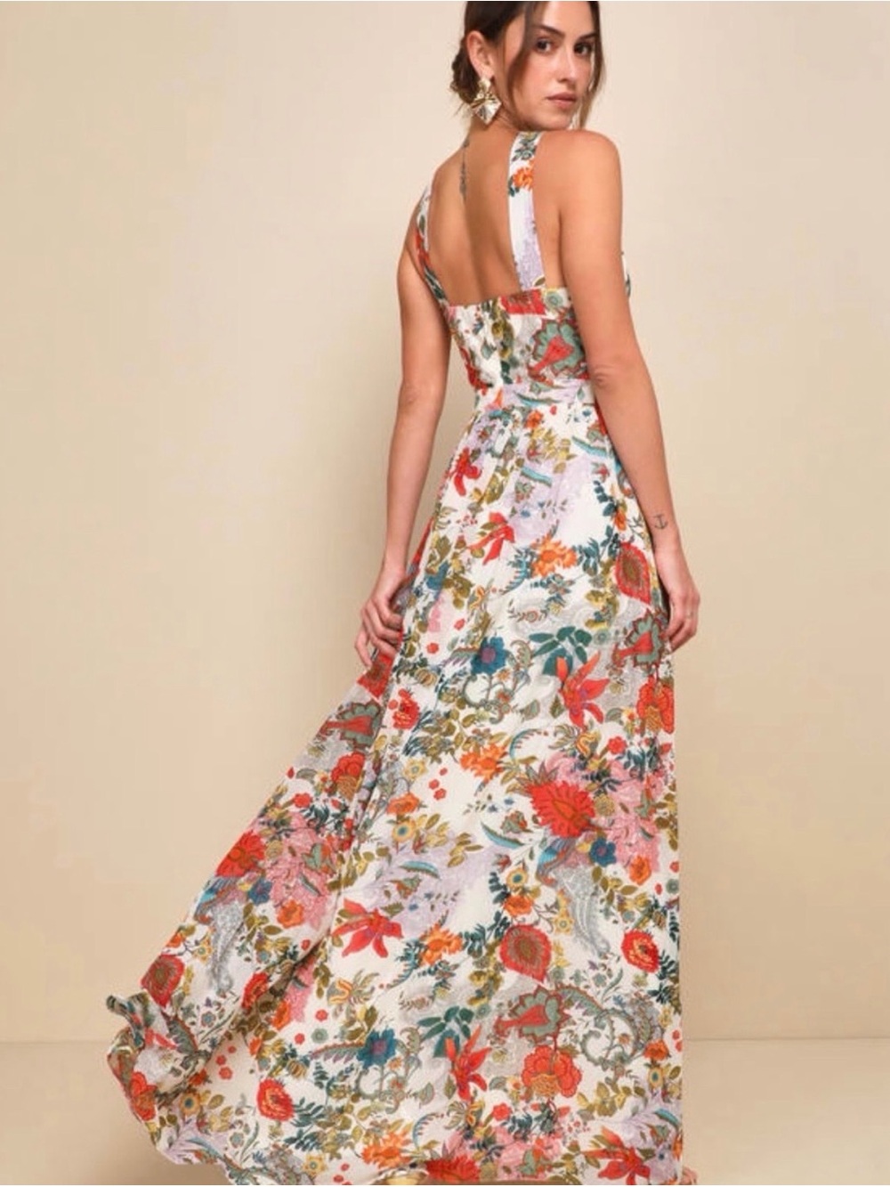 Lulu's White Floral Print Maxi Dress with Red & Green Accents